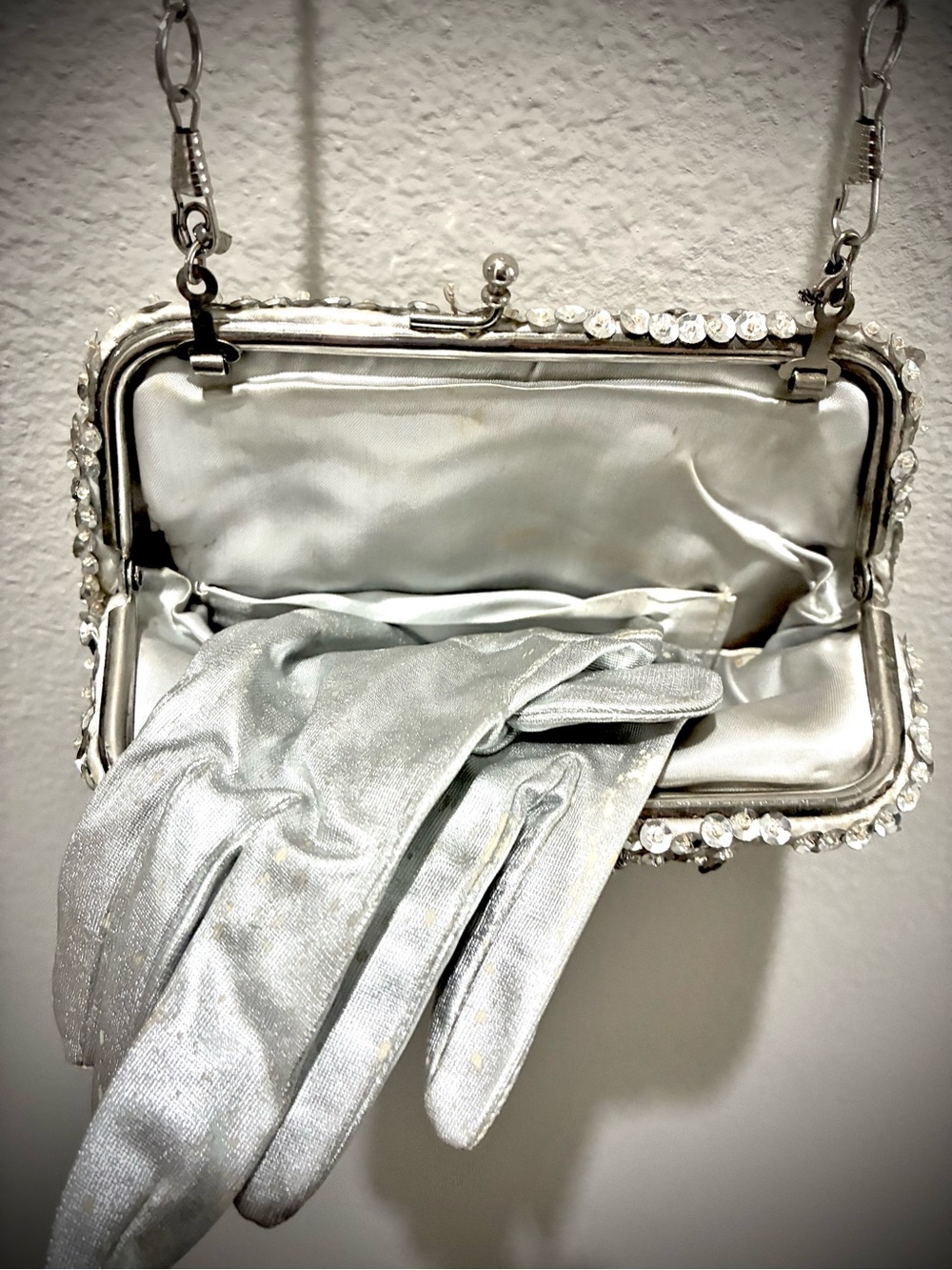 Vintage Silver Satin Clutch/Cross Body Evening Bag & Gloves with Sequins & Beads